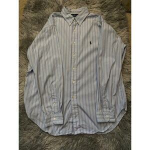 Ralph Lauren Classic Fit Dress Shirt Men's 17 34/35 Blue Yellow Striped Cotton